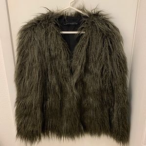 Zara Woman Dark Green Faux Fur Jacket